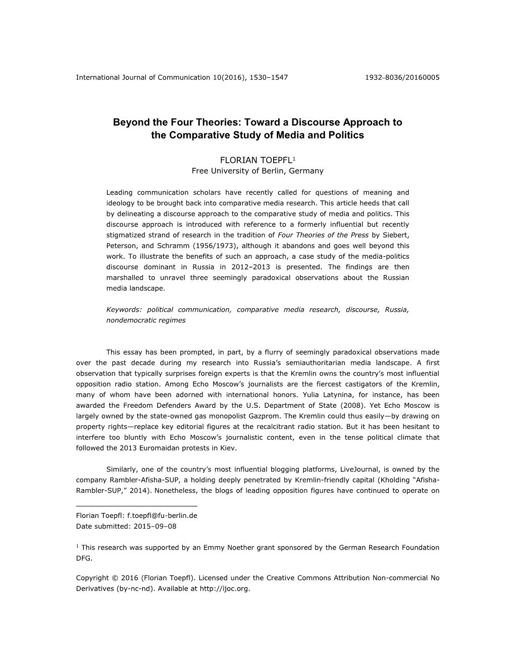 Beyond the Four Theories: Toward a Discourse Approach to the Comparative Study of Media and Politics