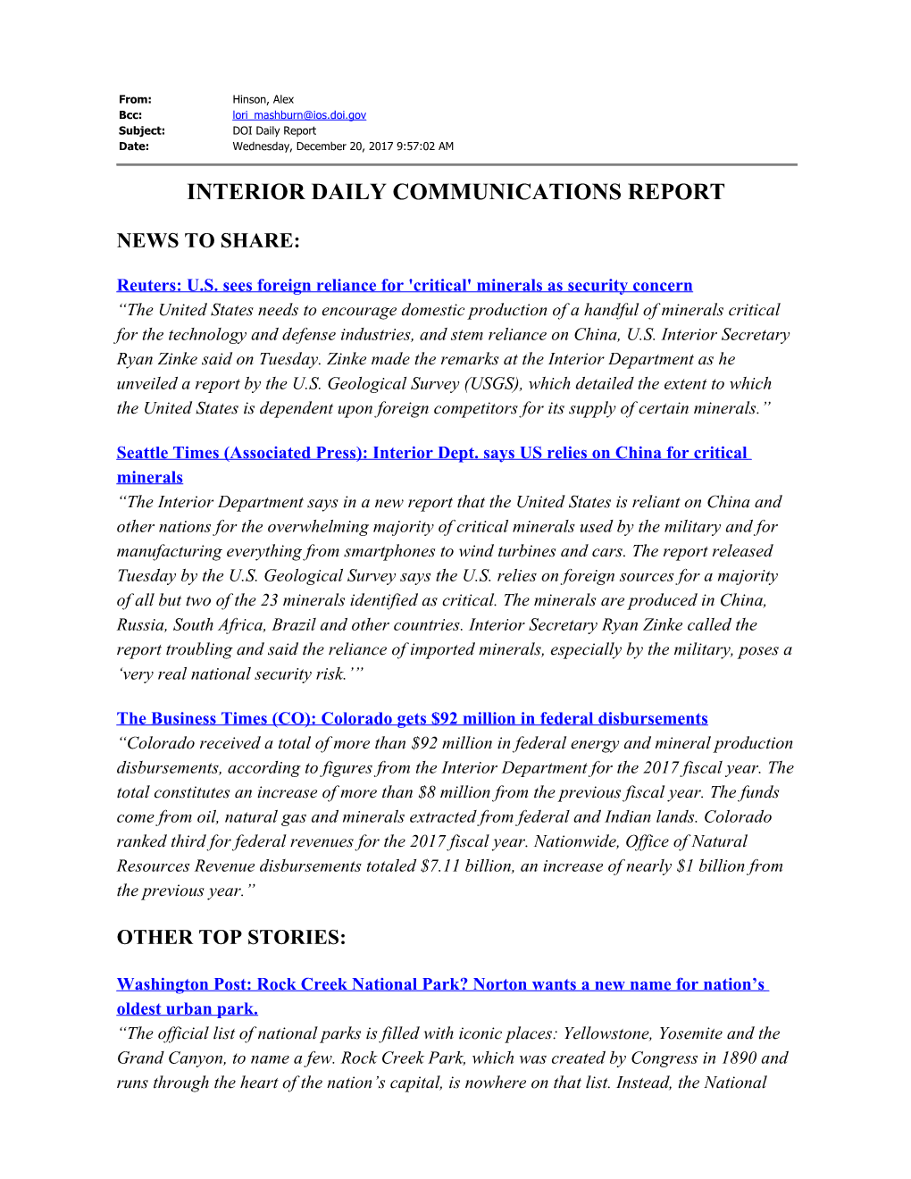 Interior Daily Communications Report