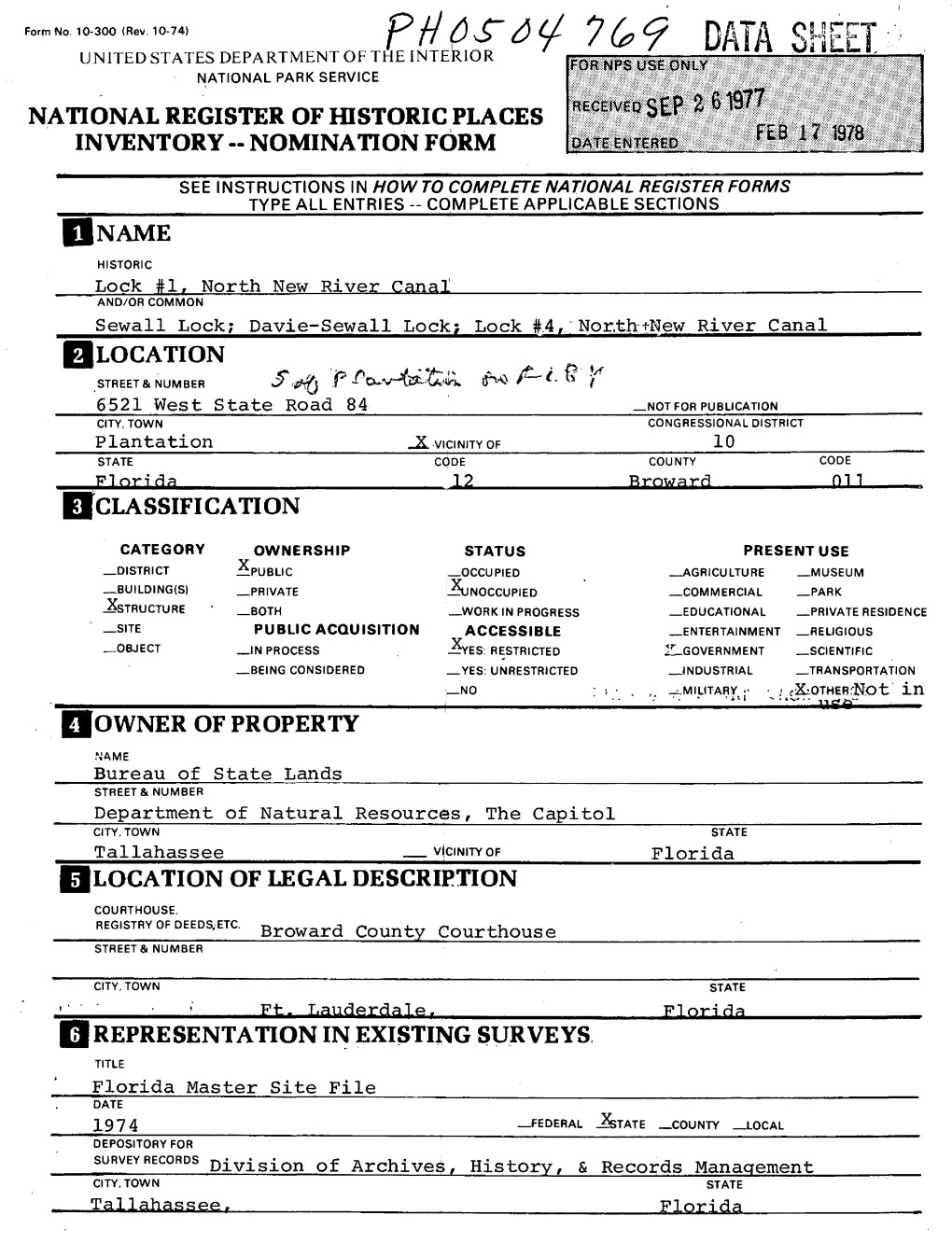 Data Sheet ^ National Park Service National Register of Historic Places Inventory -- Nomination Form