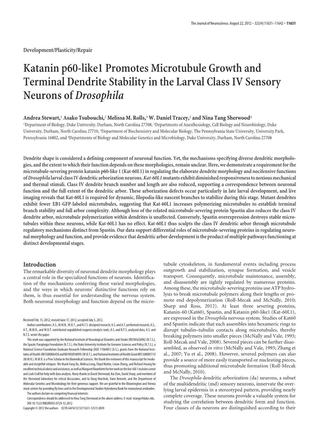 Katanin P60-Like1 Promotes Microtubule Growth and Terminal Dendrite Stability in the Larval Class IV Sensory Neurons of Drosophila