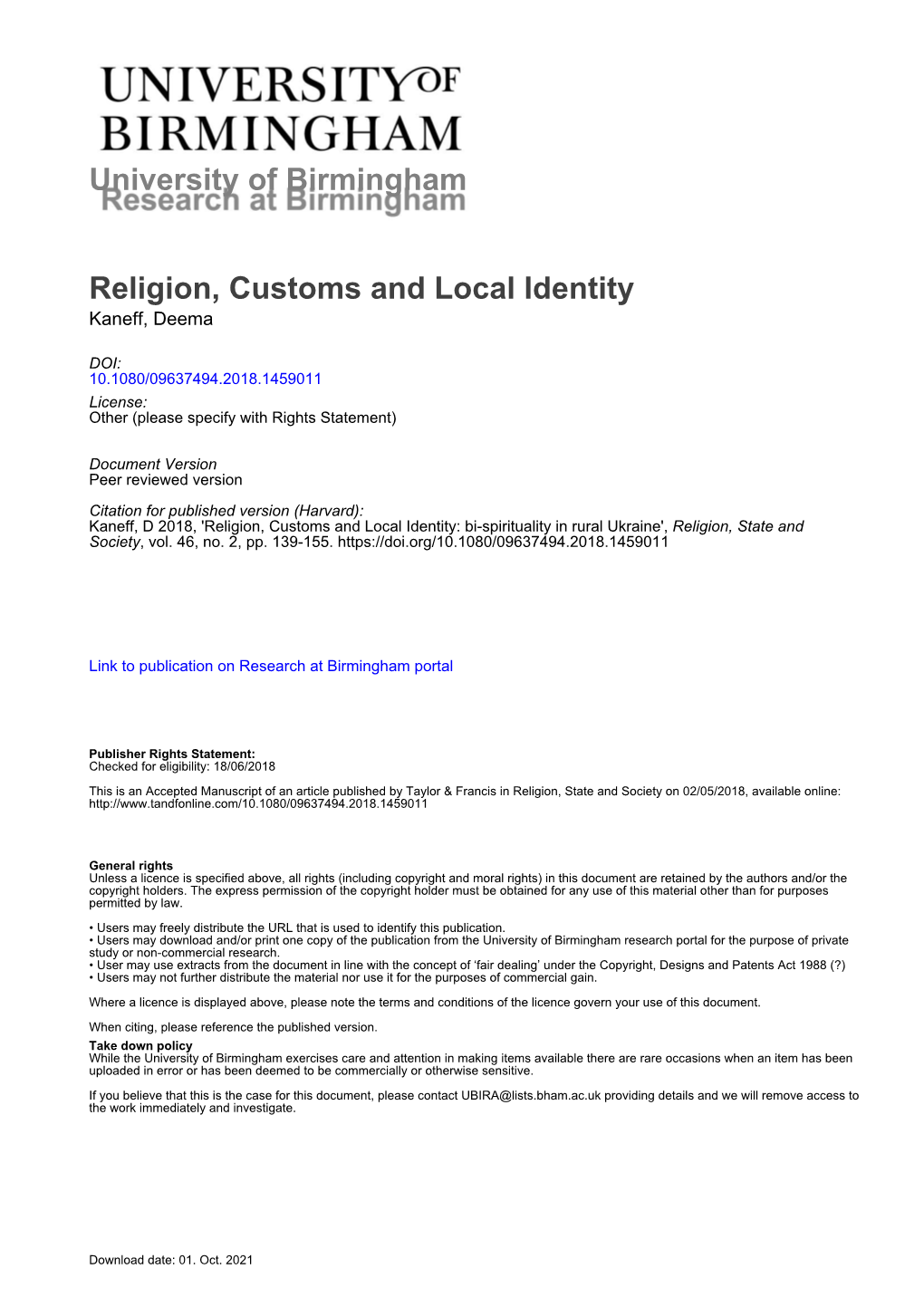 University of Birmingham Religion, Customs and Local Identity