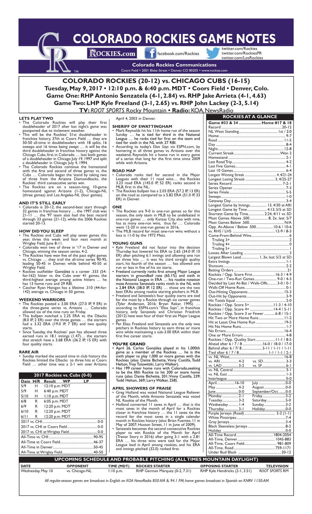 Colorado Rockies Game Notes