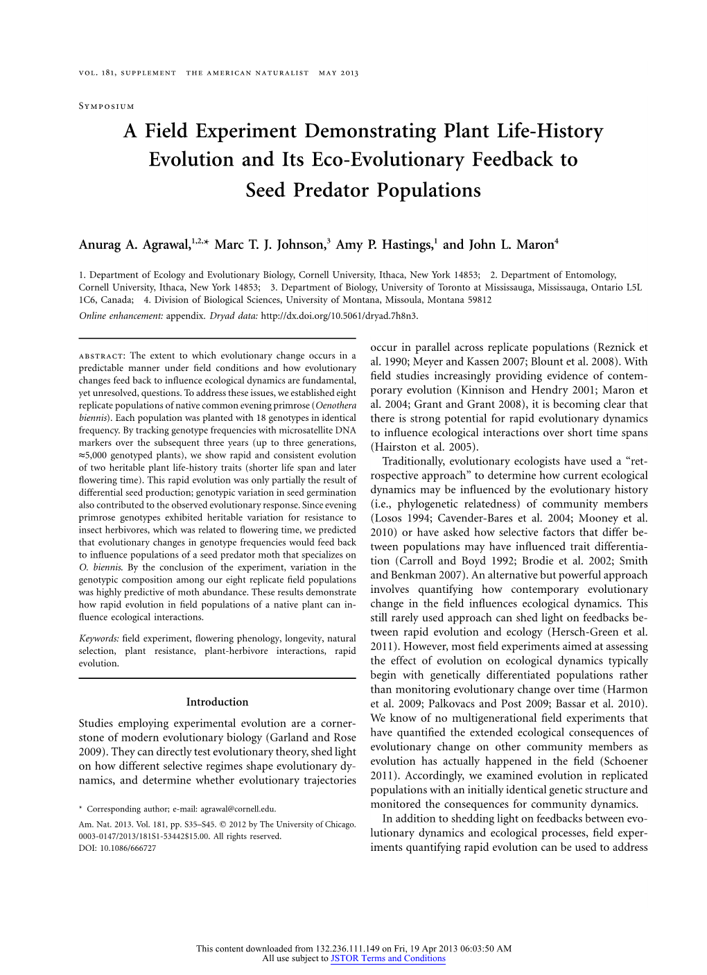 A Field Experiment Demonstrating Plant Life-History Evolution and Its Eco-Evolutionary Feedback to Seed Predator Populations