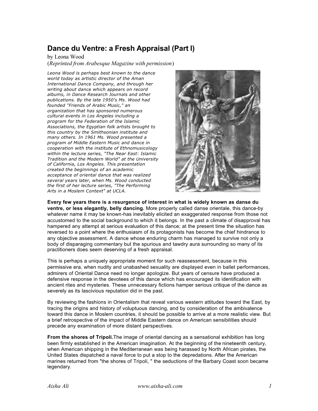 Dance Du Ventre: a Fresh Appraisal (Part I) by Leona Wood (Reprinted from Arabesque Magazine with Permission)