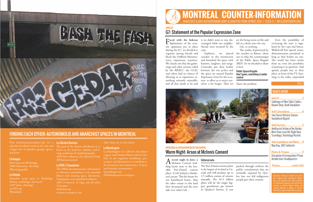 Montreal Counter-Information Anarchist & Anti-Authoritarian News & Analysis from Spring 2018 / Issue 6 / Mtlcounterinfo.Org