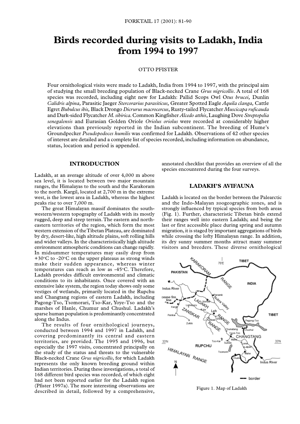 Birds Recorded During Visits to Ladakh, India from 1994 to 1997