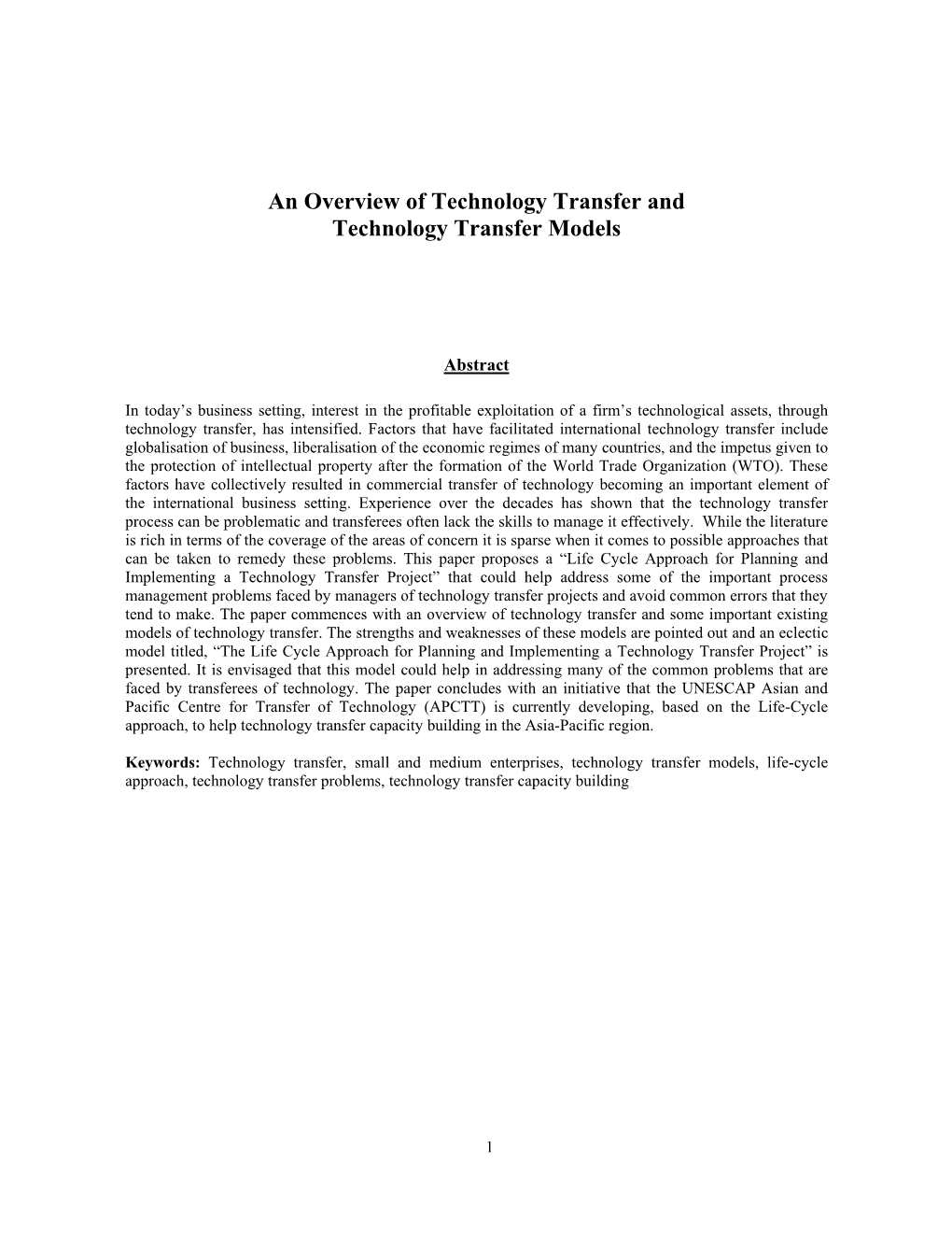 An Overview of Technology Transfer and Technology Transfer Models
