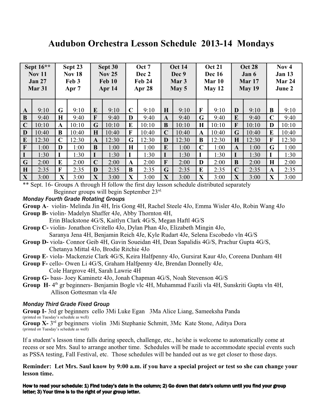 Audubon Orchestra Lesson Schedule 2011-12 Mondays