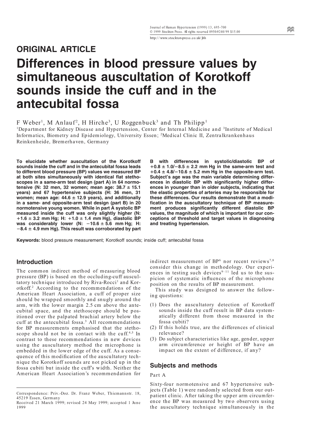 Differences in Blood Pressure Values by Simultaneous Auscultation of Korotkoff Sounds Inside the Cuff and in the Antecubital Fossa