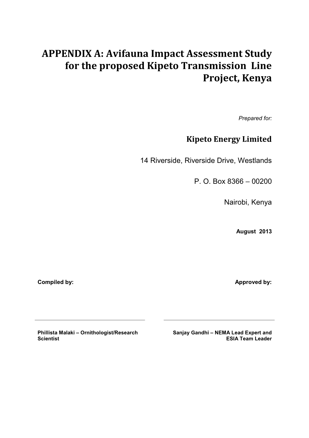 APPENDIX A: Avifauna Impact Assessment Study for the Proposed Kipeto Transmission Line Project, Kenya