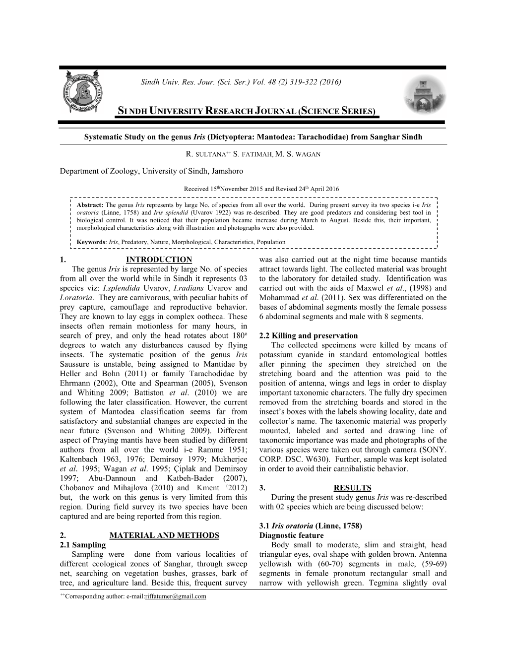 Systematic Study on the Genus Iris (Dictyoptera: Mantodea: Tarachodidae) from Sanghar Sindh