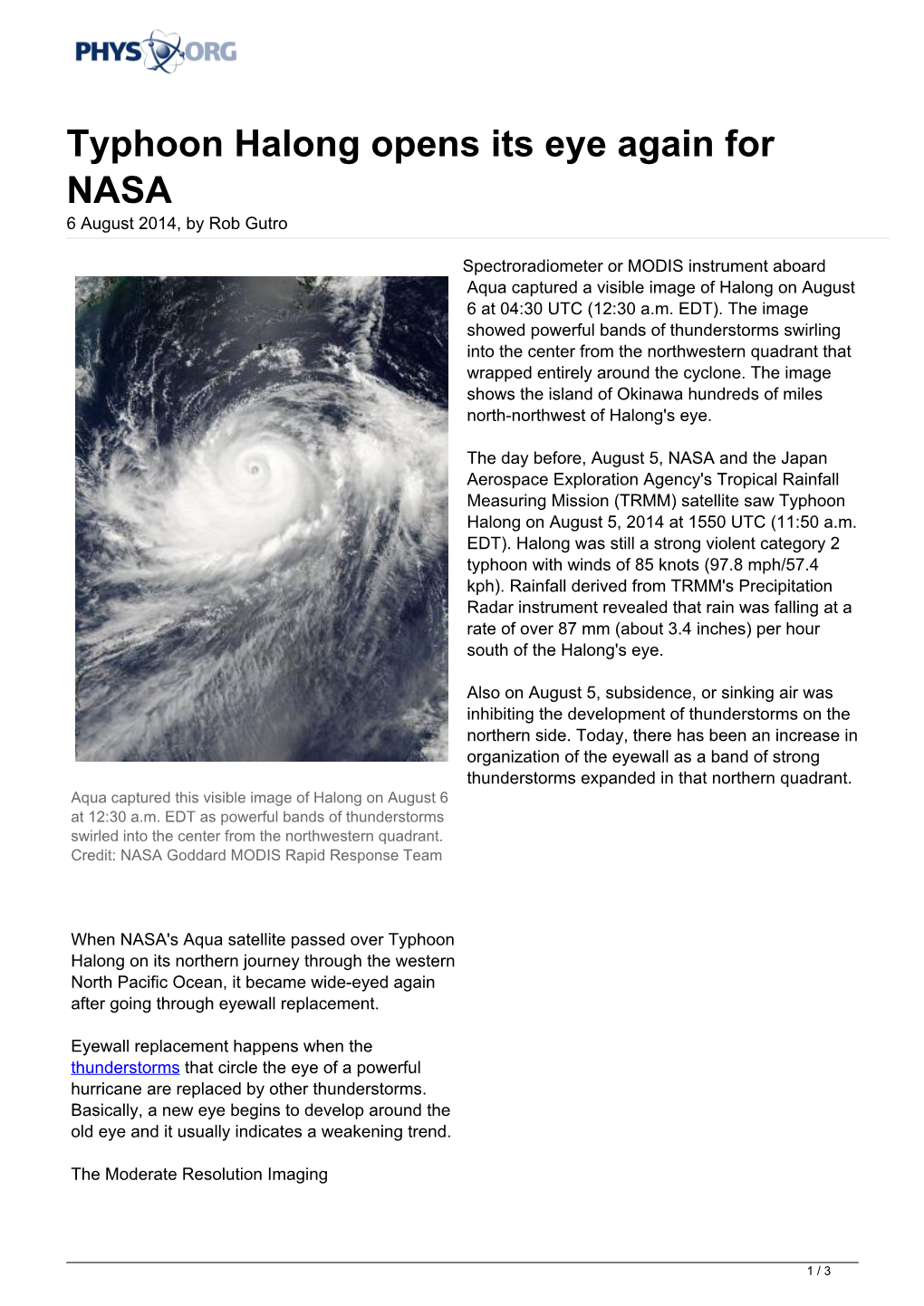 Typhoon Halong Opens Its Eye Again for NASA 6 August 2014, by Rob Gutro