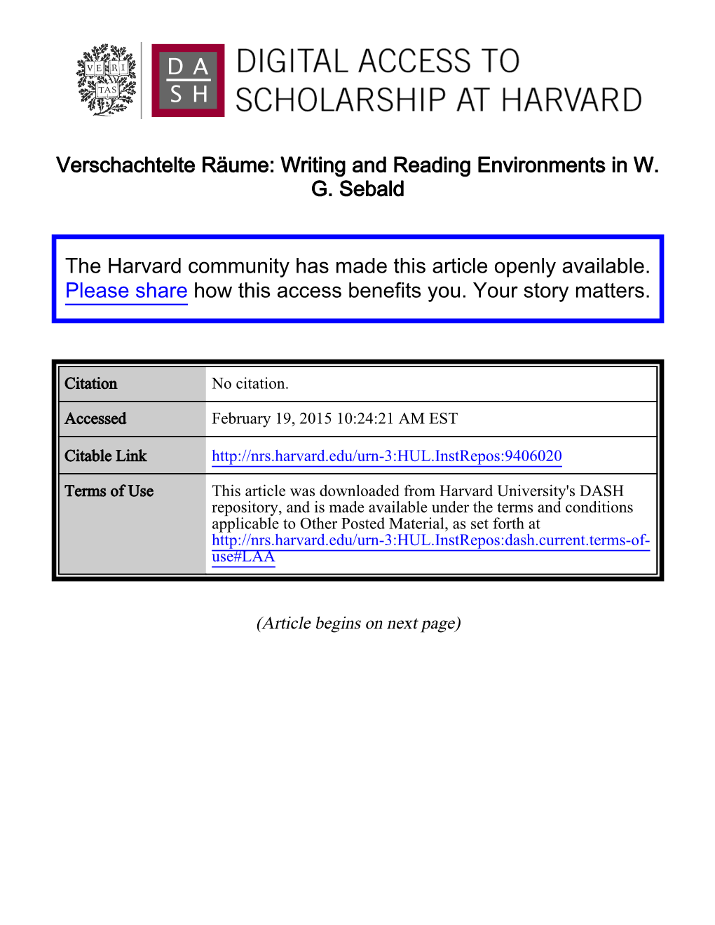 Writing and Reading Environments in WG Sebald the Harvard