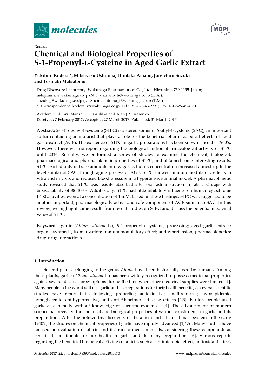 Chemical and Biological Properties of S-1-Propenyl-L-Cysteine in Aged Garlic Extract