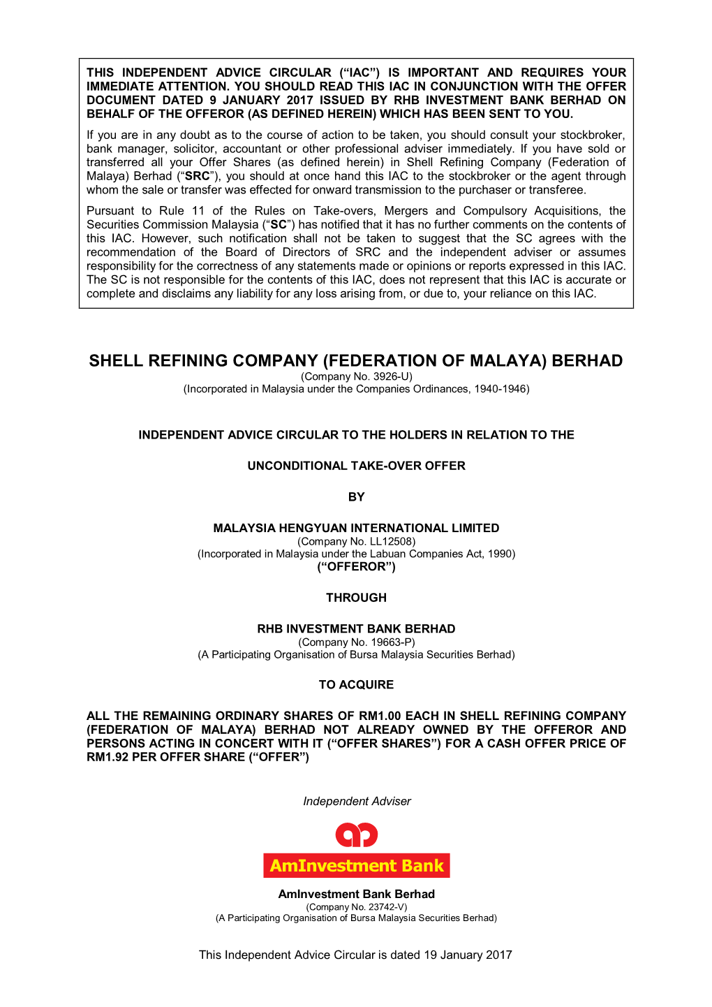 SHELL REFINING COMPANY (FEDERATION of MALAYA) BERHAD SHELL REFINING COMPANY (FEDERATION of MALAYA) BERHAD SHELL REFINING COMPANY(Company (FEDERATION No
