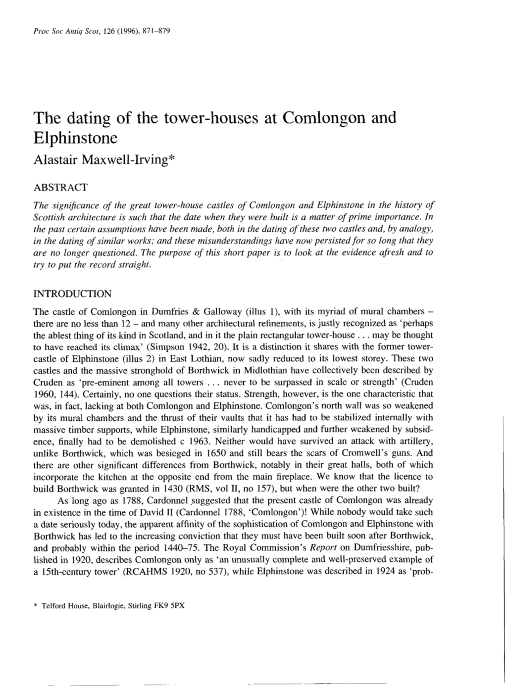 The Dating of the Tower-Houses at Comlongon and Elphinstone