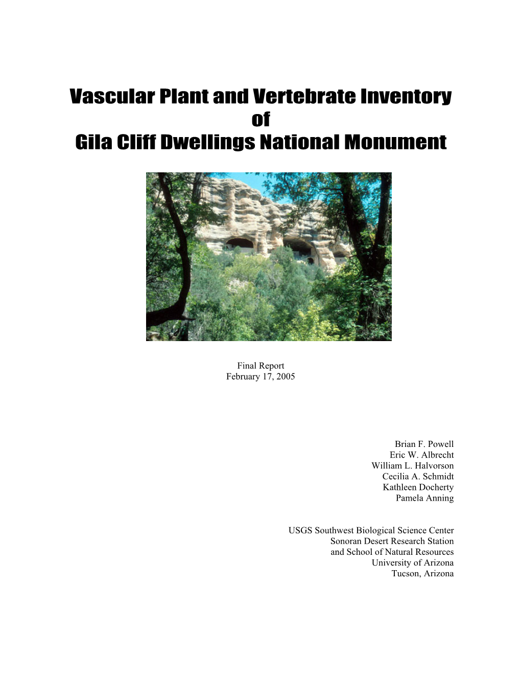 Vascular Plant and Vertebrate Inventory of Gila Cliff Dwellings National Monument