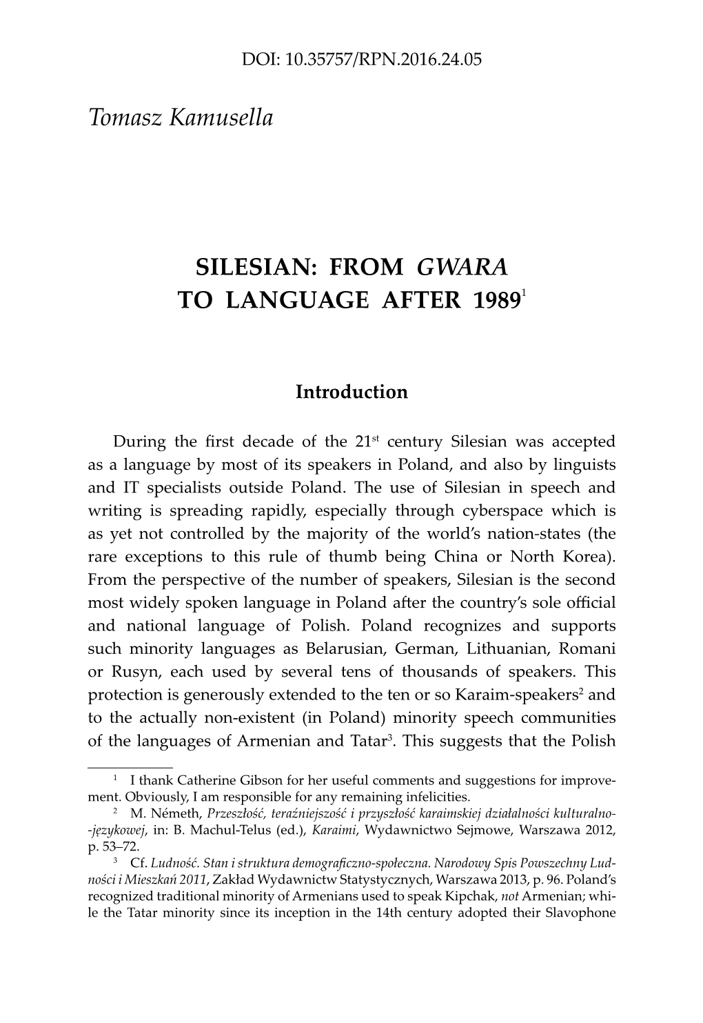 Tomasz Kamusella SILESIAN: from GWARA to LANGUAGE AFTER