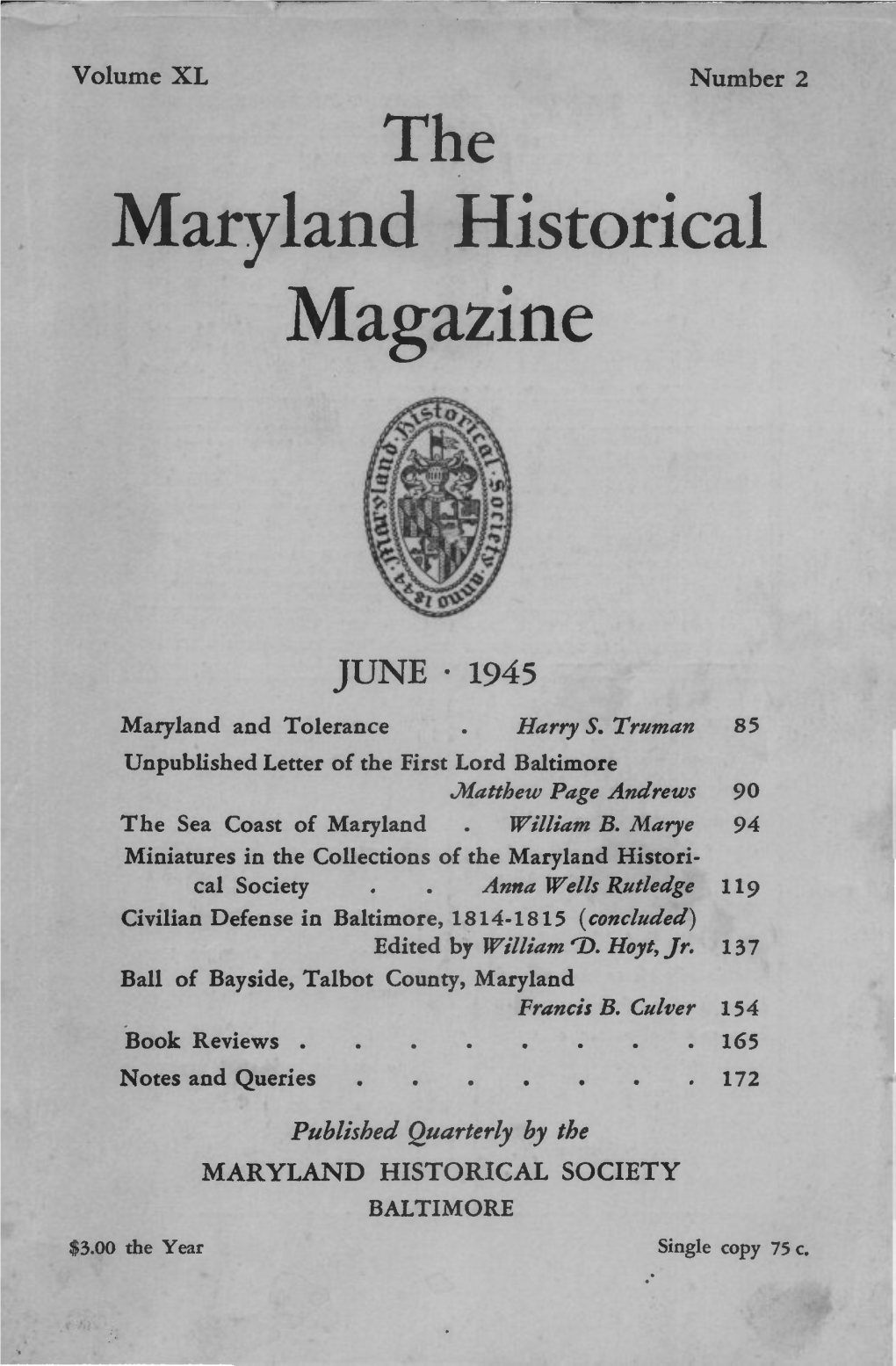 Maryland Historical Magazine, 1945, Volume 40, Issue No. 2