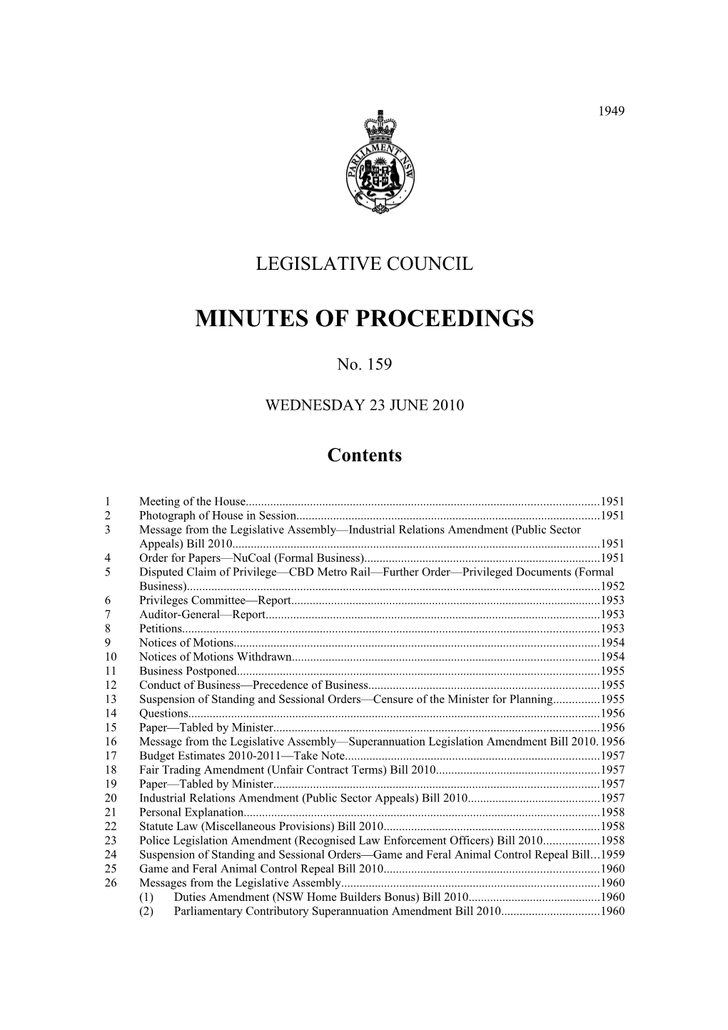 Legislative Council Minutes No. 159 Wednesday 23 June 2010