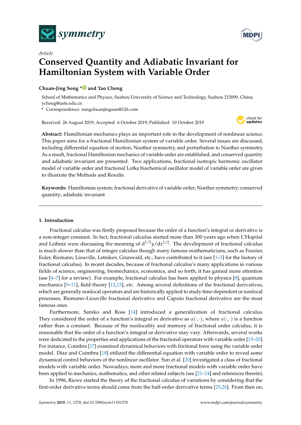 Conserved Quantity and Adiabatic Invariant for Hamiltonian System with Variable Order