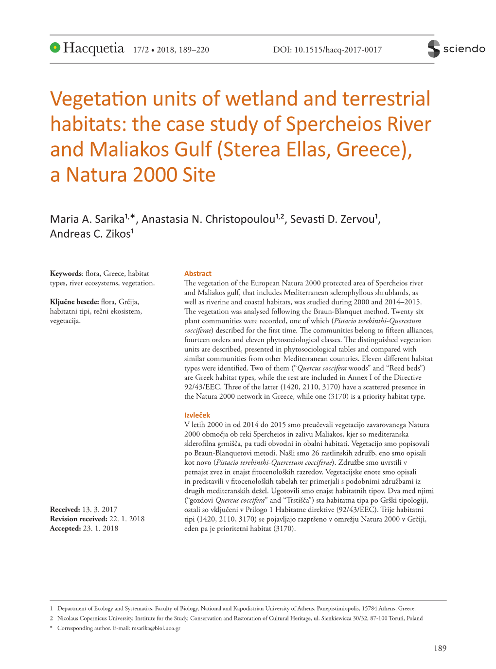 Vegetation Units of Wetland and Terrestrial Habitats: the Case Study of Spercheios River and Maliakos Gulf (Sterea Ellas, Greece), a Natura 2000 Site