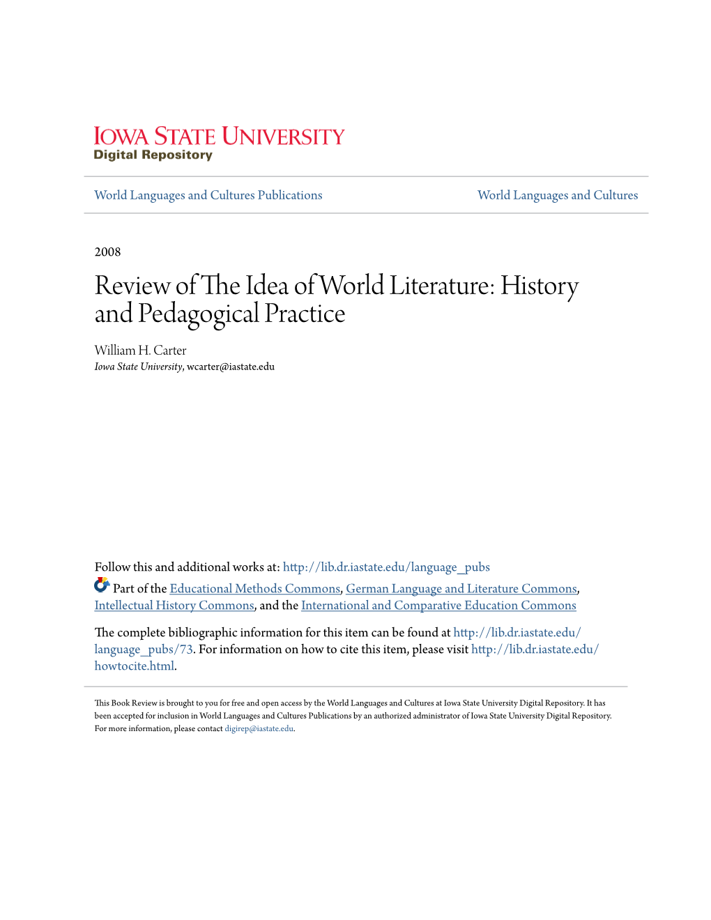 Review of the Idea of World Literature: History and Pedagogical Practice
