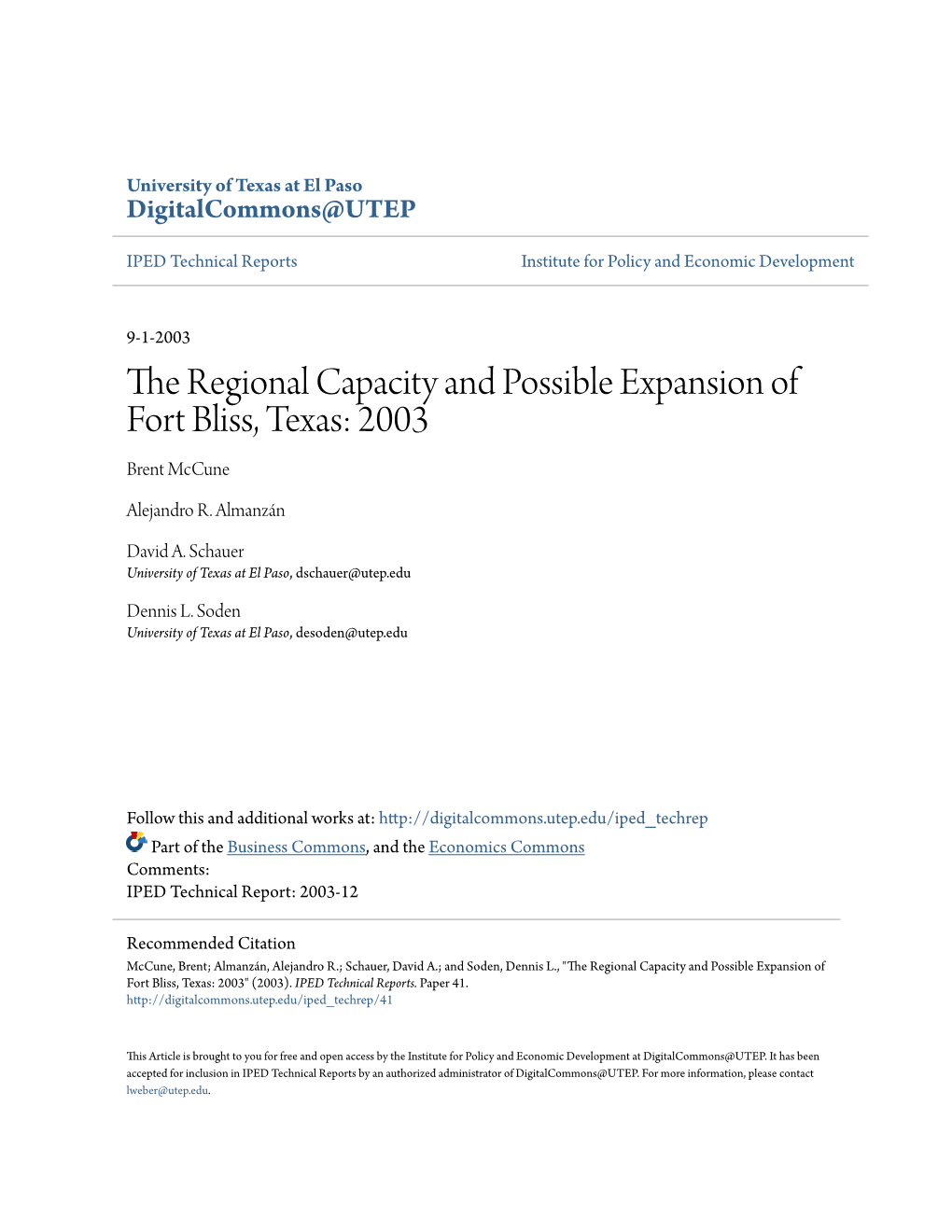 The Regional Capacity and Possible Expansion of Fort Bliss, Texas: 2003 Brent Mccune