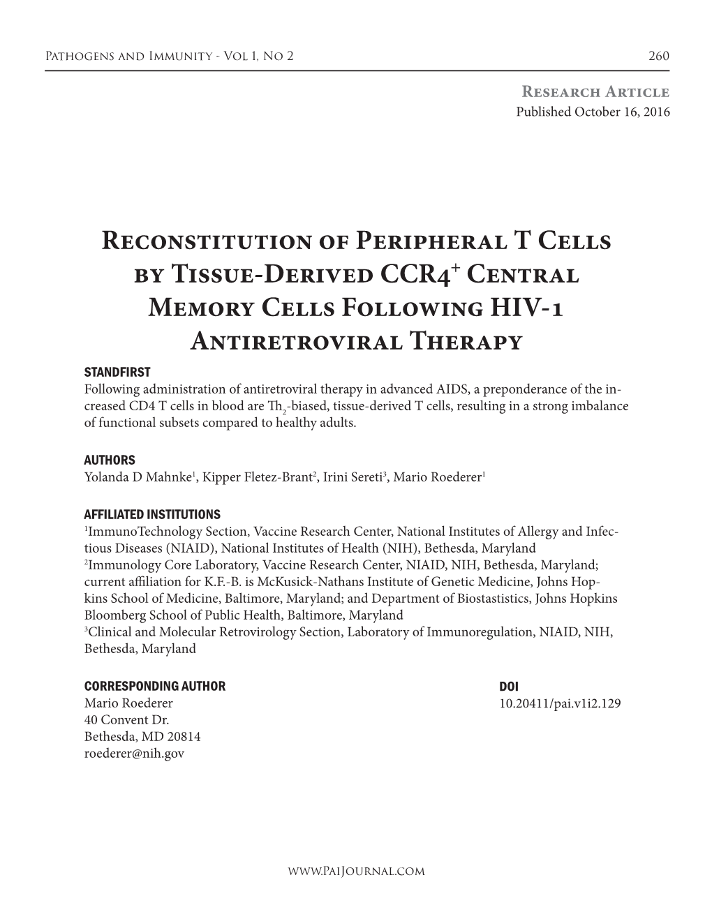 Reconstitution of Peripheral T Cells by Tissue-Derived CCR4+ Central