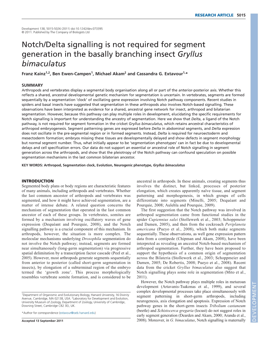 Notch/Delta Signalling Is Not Required for Segment Generation in the Basally Branching Insect Gryllus Bimaculatus