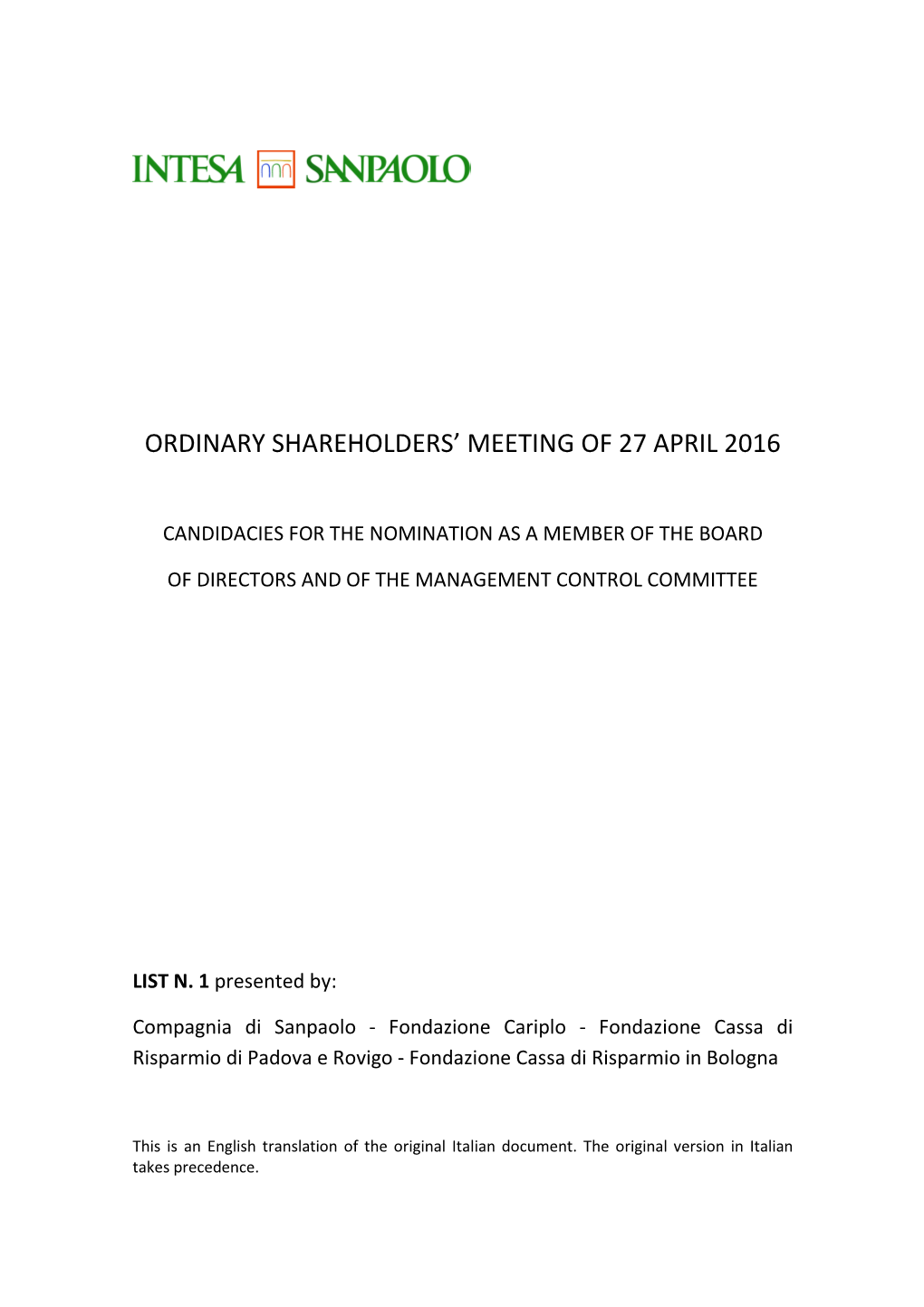 Ordinary Shareholders' Meeting of 27 April 2016