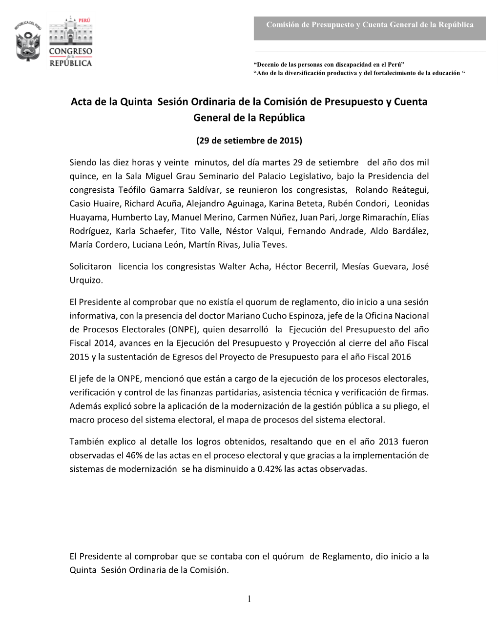 Acta De La Quinta Sesión Ordinaria De La Comisión De Presupuesto Y Cuenta General De La República