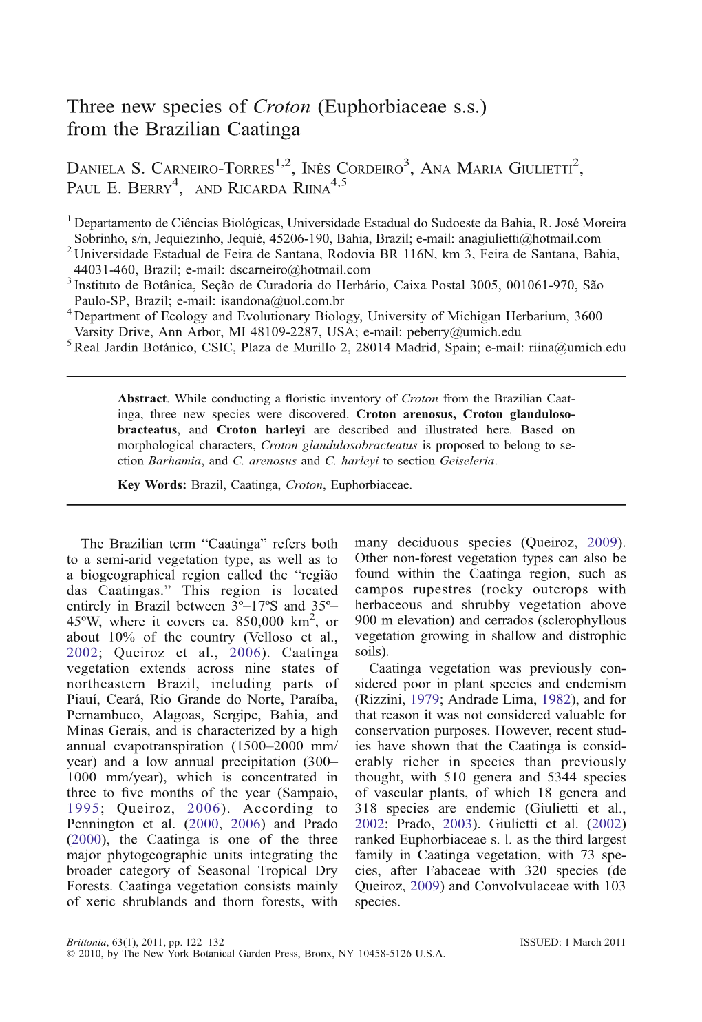 Three New Species of Croton (Euphorbiaceae S.S.) from the Brazilian Caatinga