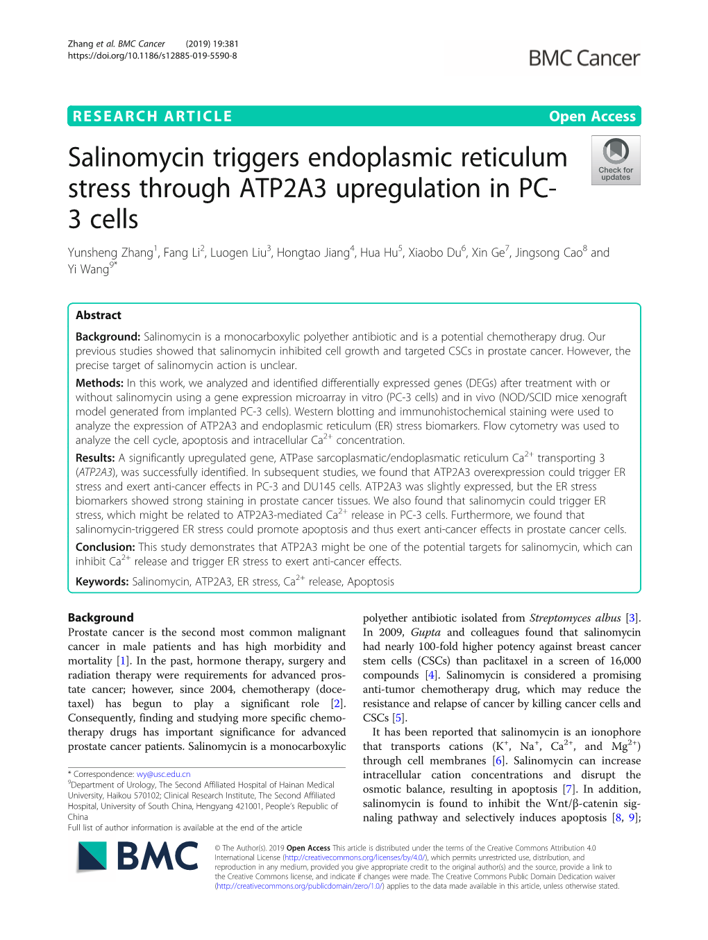 Salinomycin Triggers Endoplasmic Reticulum Stress Through ATP2A3