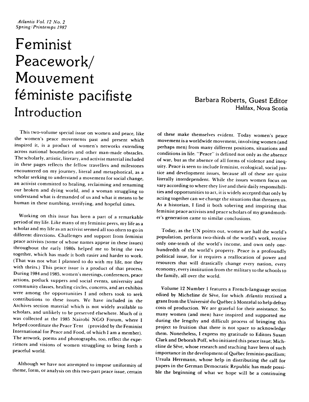 Feminist Peacework/ Mouvement Feministe Pacifiste
