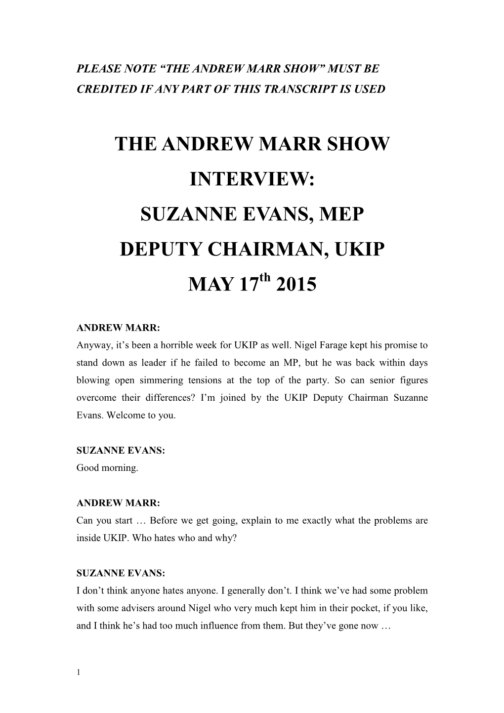 THE ANDREW MARR SHOW INTERVIEW: SUZANNE EVANS, MEP DEPUTY CHAIRMAN, UKIP MAY 17Th 2015