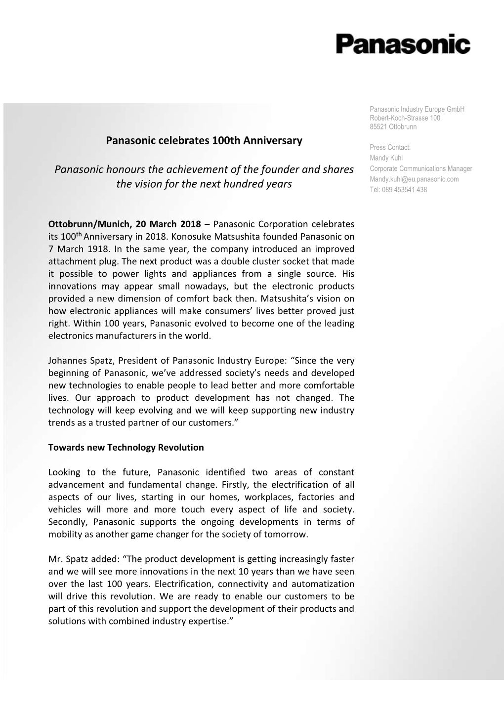 Panasonic Celebrates 100Th Anniversary Panasonic Honours The