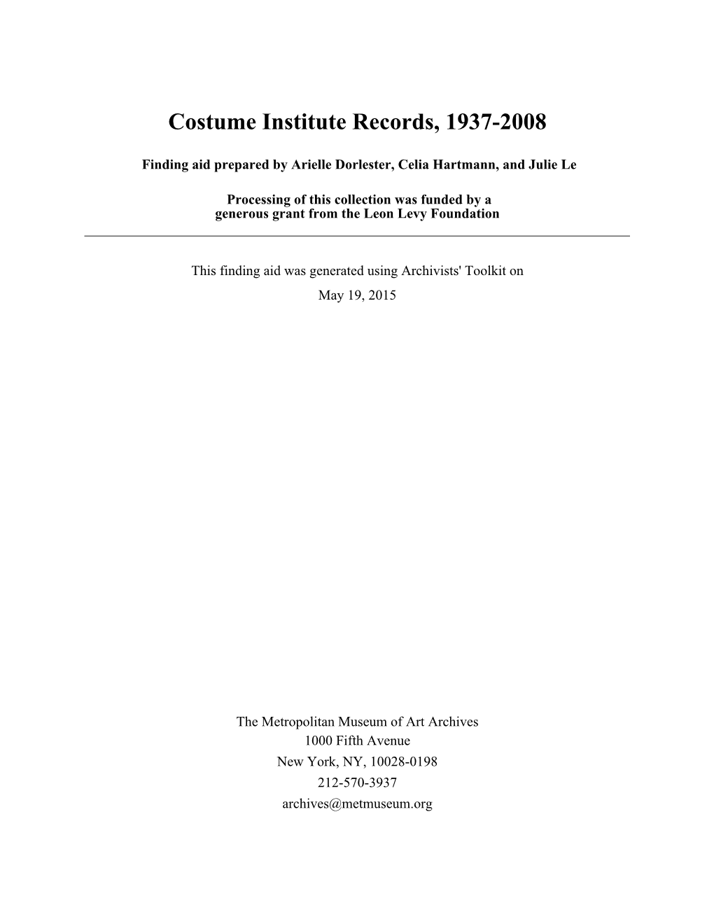 Costume Institute Records, 1937-2008