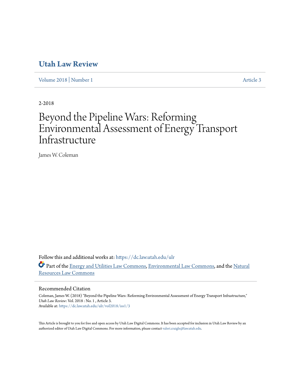 Beyond the Pipeline Wars: Reforming Environmental Assessment of Energy Transport Infrastructure James W