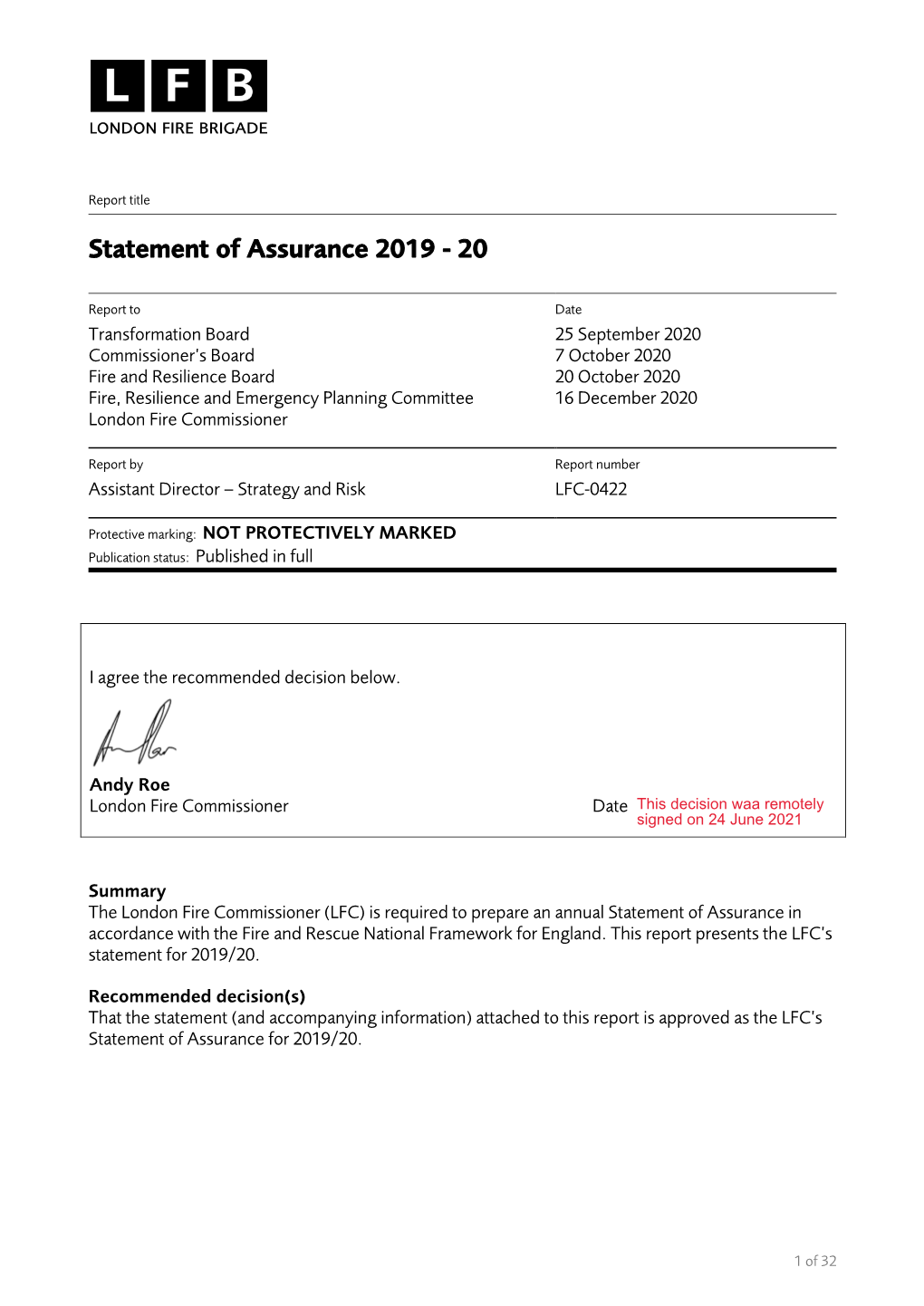 LFC-0422 Statement of Assurance 2019-20