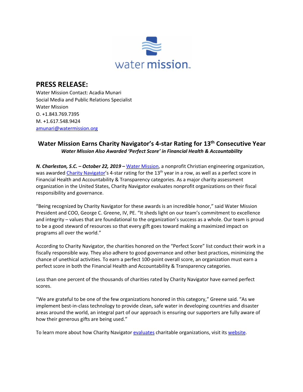 PRESS RELEASE: Water Mission Contact: Acadia Munari Social Media and Public Relations Specialist Water Mission O
