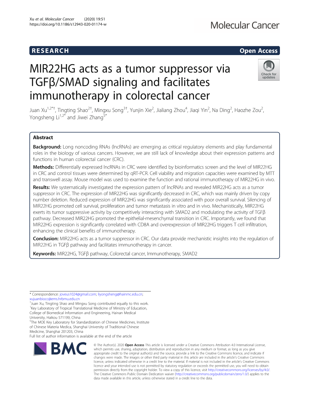 MIR22HG Acts As a Tumor Suppressor Via Tgfβ/SMAD Signaling And