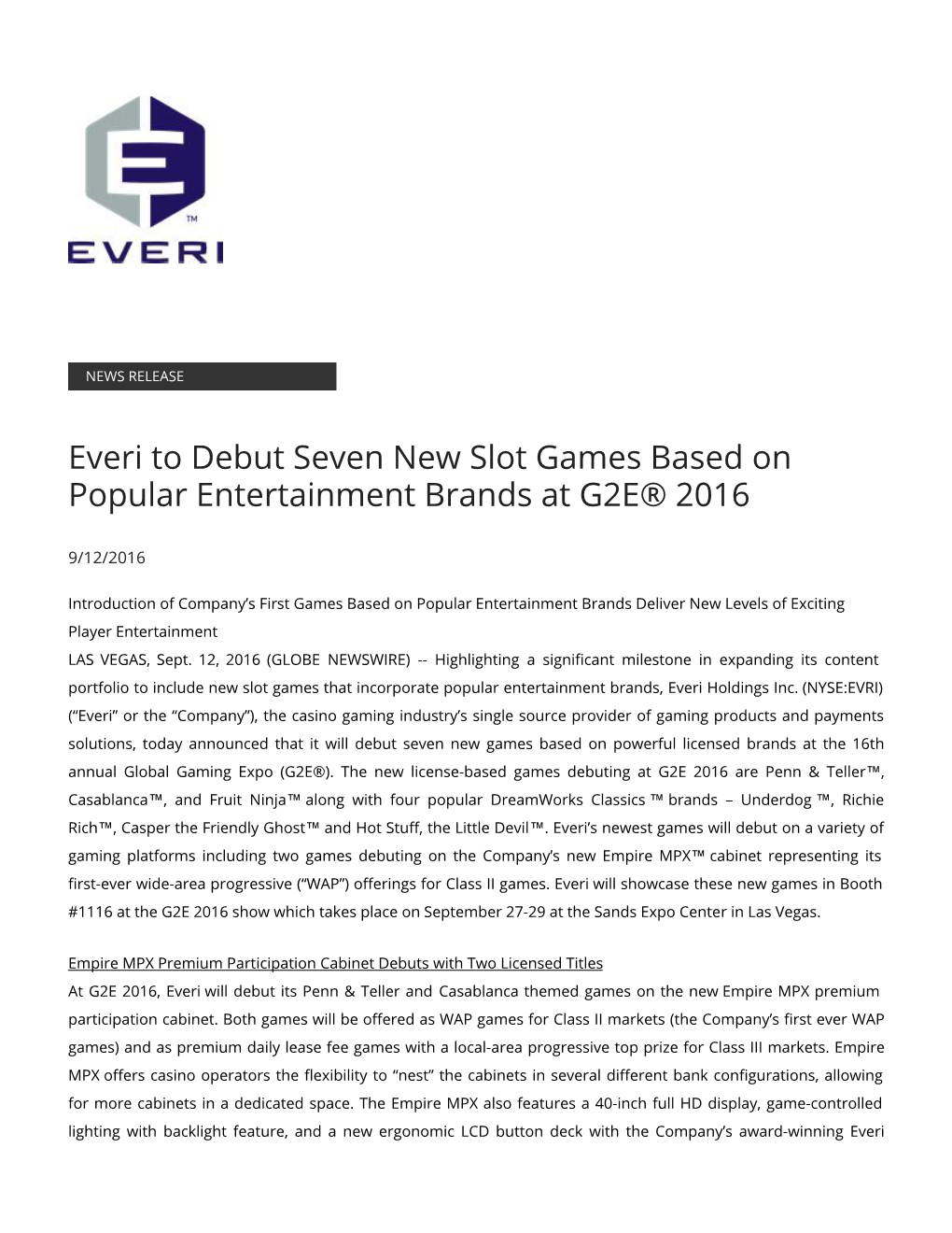 Everi to Debut Seven New Slot Games Based on Popular Entertainment Brands at G2E® 2016