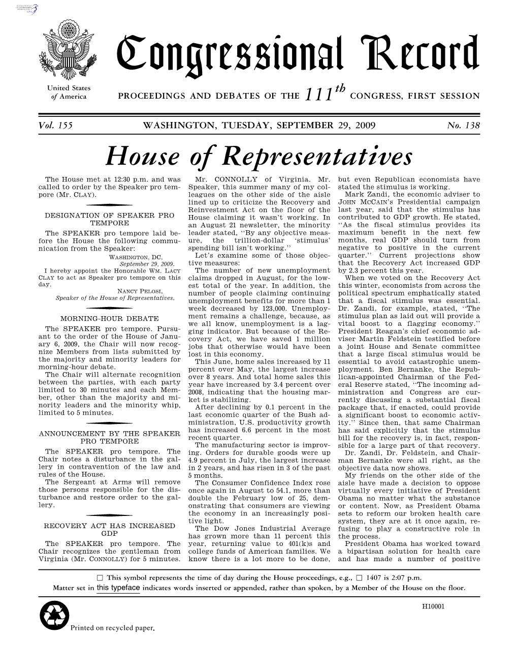 Congressional Record United States Th of America PROCEEDINGS and DEBATES of the 111 CONGRESS, FIRST SESSION