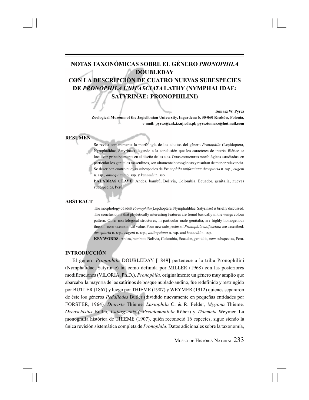 Notas Taxonómicas Sobre El Género Pronophila