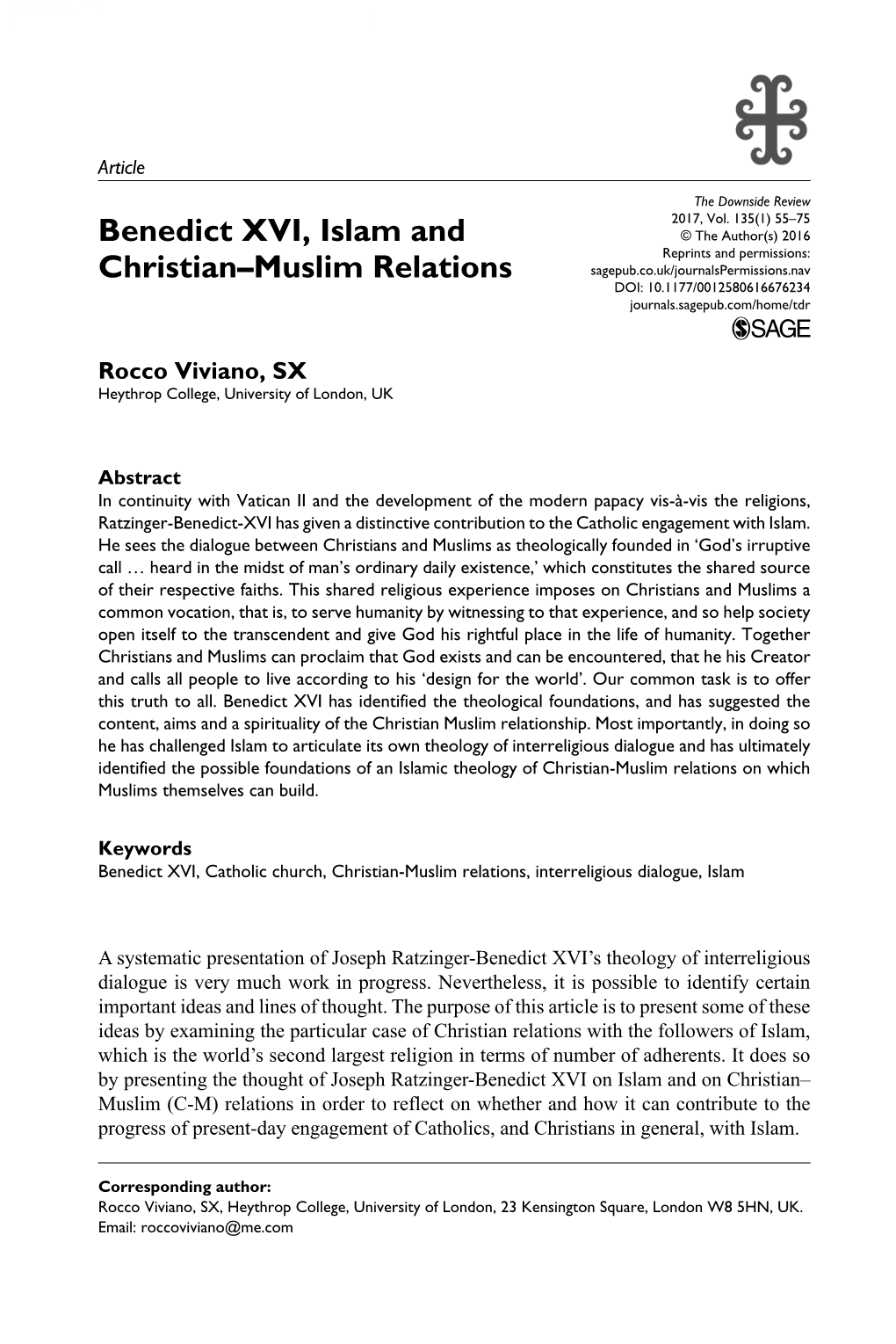 Benedict XVI, Islam and Christian–Muslim Relations