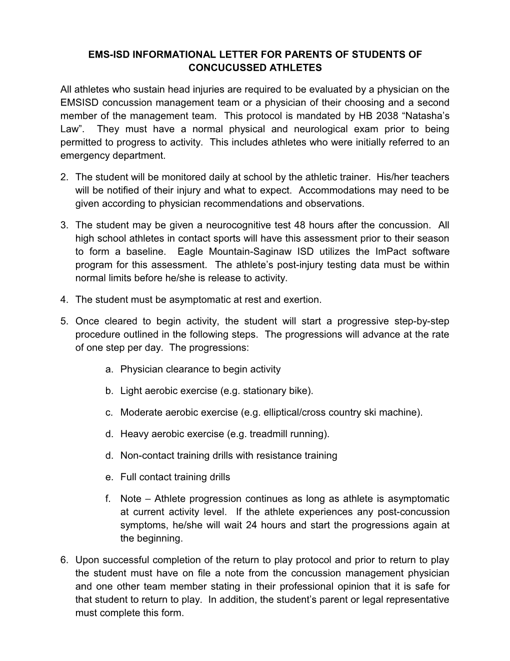 Ems-Isd Informational Letter for Parents of Students of Concucussed Athletes