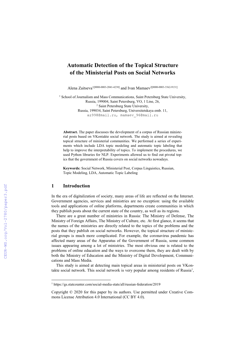 Automatic Detection of the Topical Structure of the Ministerial Posts on Social Networks