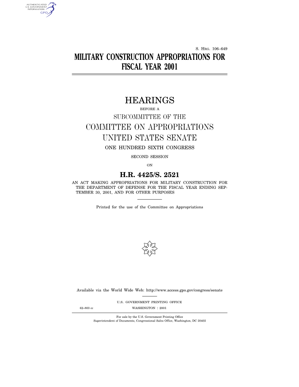 Military Construction Appropriations for Fiscal Year 2001 Hearings Committee on Appropriations United States Senate