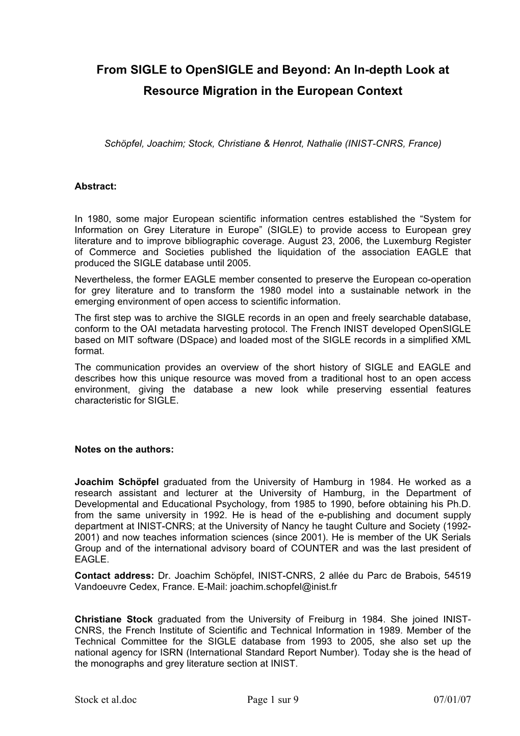 From SIGLE to Opensigle and Beyond: an In-Depth Look at Resource Migration in the European Context